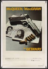 2z314 GETAWAY linen 1sh '72 Steve McQueen, Ali McGraw, Sam Peckinpah, cool gun & passports image!