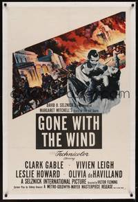 2z323 GONE WITH THE WIND linen 1sh R54 incredible art of Gable carrying Leigh + Atlanta burning!