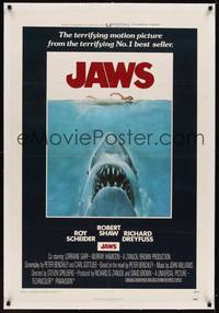 2z352 JAWS linen int'l 1sh '75 art of Spielberg's classic man-eating shark attacking sexy swimmer!