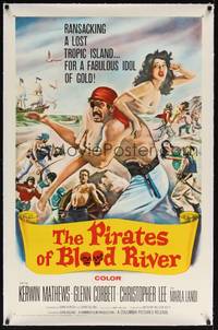 2z396 PIRATES OF BLOOD RIVER linen 1sh '62 great art of buccaneer carrying sexy babe, Hammer!