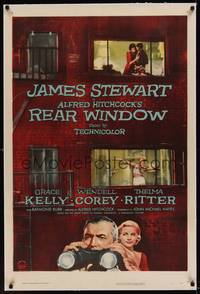 2z409 REAR WINDOW linen 1sh '54 Alfred Hitchcock, art of voyeur Jimmy Stewart & sexy Grace Kelly!