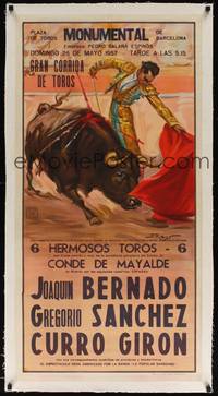 2z186 PLAZA DE TOROS DE BARCELONA linen Spanish '57 wonderful art of matador & bull by J. Reus!