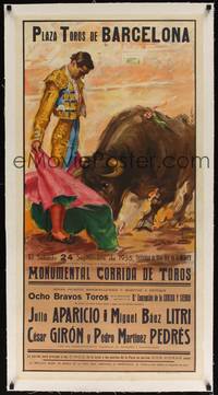2z187 PLAZA DE TOROS DE BARCELONA linen Spanish '55 wonderful art of matador & bull by J. Reus!