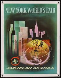 2z222 AMERICAN AIRLINES NEW YORK WORLD'S FAIR linen travel poster 1964 art by Henry K. Benscathy!