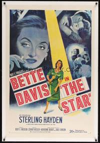 2z429 STAR linen 1sh '53 great art of Hollywood actress Bette Davis holding Oscar in the spotlight!