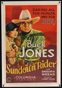 2z430 SUNDOWN RIDER linen 1sh '32 cowboy Buck Jones daring all for honor and for love, cool art!