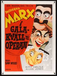 2z003 NIGHT AT THE OPERA linen Swedish R72 great Hirschfeld-like art of Groucho, Chico & Harpo Marx!