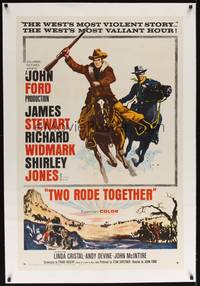 2z443 TWO RODE TOGETHER linen 1sh '61 John Ford, art of James Stewart & Richard Widmark on horses!