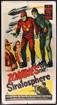 3a107 ZOMBIES OF THE STRATOSPHERE linen 3sh '52 Republic serial, great art of aliens with guns!