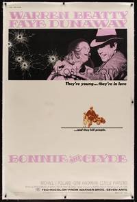 3a024 BONNIE & CLYDE linen 40x60 '67 notorious crime duo Warren Beatty & Faye Dunaway!
