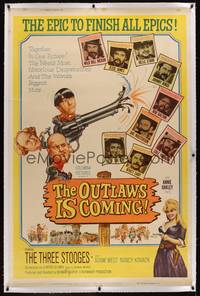 3a026 OUTLAWS IS COMING linen 40x60 '65 The Three Stooges with Curly-Joe are wacky cowboys!