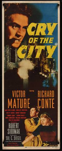 3a120 CRY OF THE CITY insert '48 film noir, c/u of Victor Mature, Richard Conte, Shelley Winters