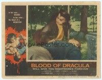 3a289 BLOOD OF DRACULA LC #3 '57 best close up of female vampire Sandra Harrison with male victim!