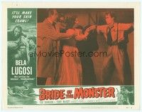3a254 BRIDE OF THE MONSTER LC #6 '56 Ed Wood, Bela Lugosi & girl standing by guy chained to wall!
