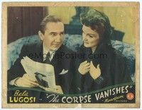 3a243 CORPSE VANISHES LC '42 great c/u of smiling Bela Lugosi showing newspaper to Elizabeth Russell