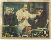 3a244 CORPSE VANISHES LC '42 Bela Lugosi in lab coat and rubber gloves examines woman in chair!