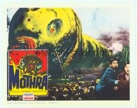 3a328 MOTHRA LC '62 wonderful special effects scene with crowd of people around giant larvae!