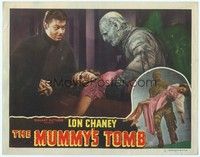 3a229 MUMMY'S TOMB LC #2 R48 best close up of Lon Chaney Jr. grabbing Elyse Knox by Turhan Bey!