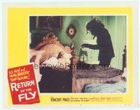 3a334 RETURN OF THE FLY LC #8 '59 fantastic image of insect monster about to attack girl in bed!