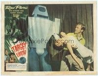 3a340 TARGET EARTH LC '54 Richard Denning saves unconscious Kathleen Crowley from funk robot!