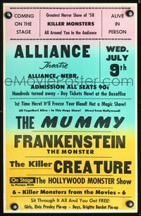 3a149 ALLIANCE THEATRE WED. JULY 9TH Spook Show WC '58 The Mummy, Frankenstein & Creature in person!