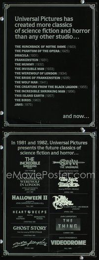 3b421 UNIVERSAL PICTURES 81/82 2 movie cards '81 The Thing, Conan the Barbarian, Halloween II!