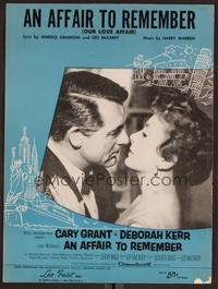 3b600 AFFAIR TO REMEMBER sheet music '57 romantic image of Cary Grant about to kiss Deborah Kerr!