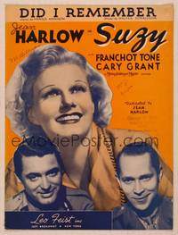 3b825 SUZY sheet music '36 great close up of Jean Harlow between Cary Grant & Franchot Tone!