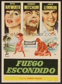 3b157 FIRE DOWN BELOW Spanish herald '57 Jano art of Rita Hayworth, Robert Mitchum & Jack Lemmon!