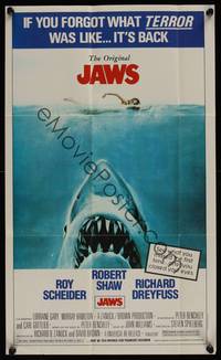 3b356 JAWS special 12x20 '81 artwork of Steven Spielberg's man-eating shark attacking sexy swimmer!