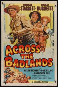 3c016 ACROSS THE BADLANDS 1sh '50 cool artwork of cowboy Charles Starrett, Smiley Burnette!