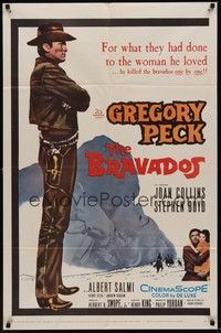 3c125 BRAVADOS 1sh '58 full-length art of cowboy Gregory Peck with gun & sexy Joan Collins!