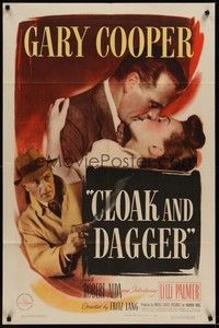 3c180 CLOAK & DAGGER 1sh '46 romantic close up of Gary Cooper & Lilli Palmer, Fritz Lang