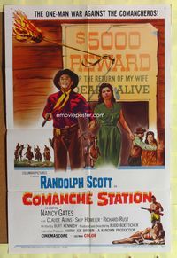 3c188 COMANCHE STATION 1sh '60 Randolph Scott, Nancy Gates, Budd Boetticher, cool wanted poster!