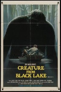 3c201 CREATURE FROM BLACK LAKE 1sh '76 cool art of monster looming over guys in boat by McQuarrie!