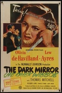 3c212 DARK MIRROR 1sh '46 Lew Ayres loves one twin Olivia de Havilland and hates the other!