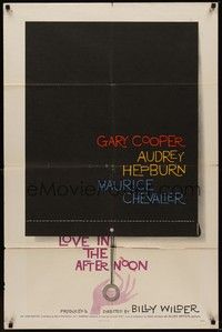 3c451 LOVE IN THE AFTERNOON 1sh '57 Gary Cooper, Audrey Hepburn, Maurice Chevalier, Bass art!