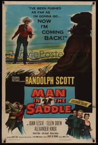 3c481 MAN IN THE SADDLE 1sh '51 cowboy Randolph Scott in western action, Joan Leslie!