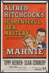 3c493 MARNIE 1sh '64 Sean Connery & Tippi Hedren in Alfred Hitchcock's suspenseful sex mystery!