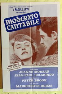 3c539 MODERATO CANTABILE 1sh '64 close up of Jeanne Moreau & Jean-Paul Belmondo!
