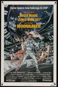 3c549 MOONRAKER 1sh '79 art of Roger Moore as James Bond & sexy space babes by Gouzee!