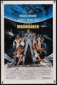 3c552 MOONRAKER style B int'l teaser 1sh '79 different art of Moore as James Bond & babes by Gouzee