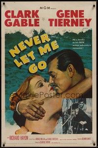 3c593 NEVER LET ME GO 1sh '53 romantic close up artwork of Clark Gable & sexy Gene Tierney!