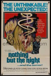 3c611 NOTHING BUT THE NIGHT 1sh '73 Christopher Lee, really wild artwork of girl's split head!