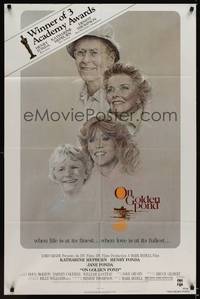 3c625 ON GOLDEN POND video 1sh '81 art of Katharine Hepburn, Henry Fonda, and Jane Fonda by deMar!