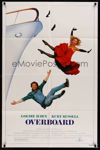 3c645 OVERBOARD 1sh '87 wacky image of Goldie Hawn & Kurt Russell falling off ship!