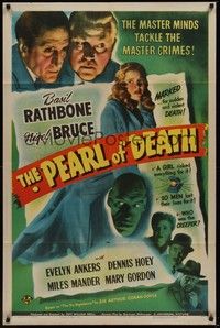3c671 PEARL OF DEATH 1sh '44 master minds Basil Rathbone & Nigel Bruce, sexy Evelyn Ankers!