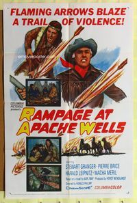 3c709 RAMPAGE AT APACHE WELLS 1sh '65 Stewart Granger, flaming arrows blaze a trail of violence!