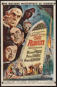 3c712 RAVEN 1sh '63 art of Boris Karloff, Vincent Price & Peter Lorre by Reynold Brown!