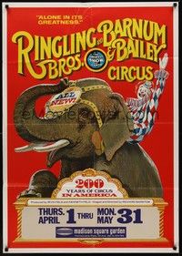 3c725 RINGLING BROS & BARNUM & BAILEY CIRCUS 1sh '75 great art of clown riding elephant!